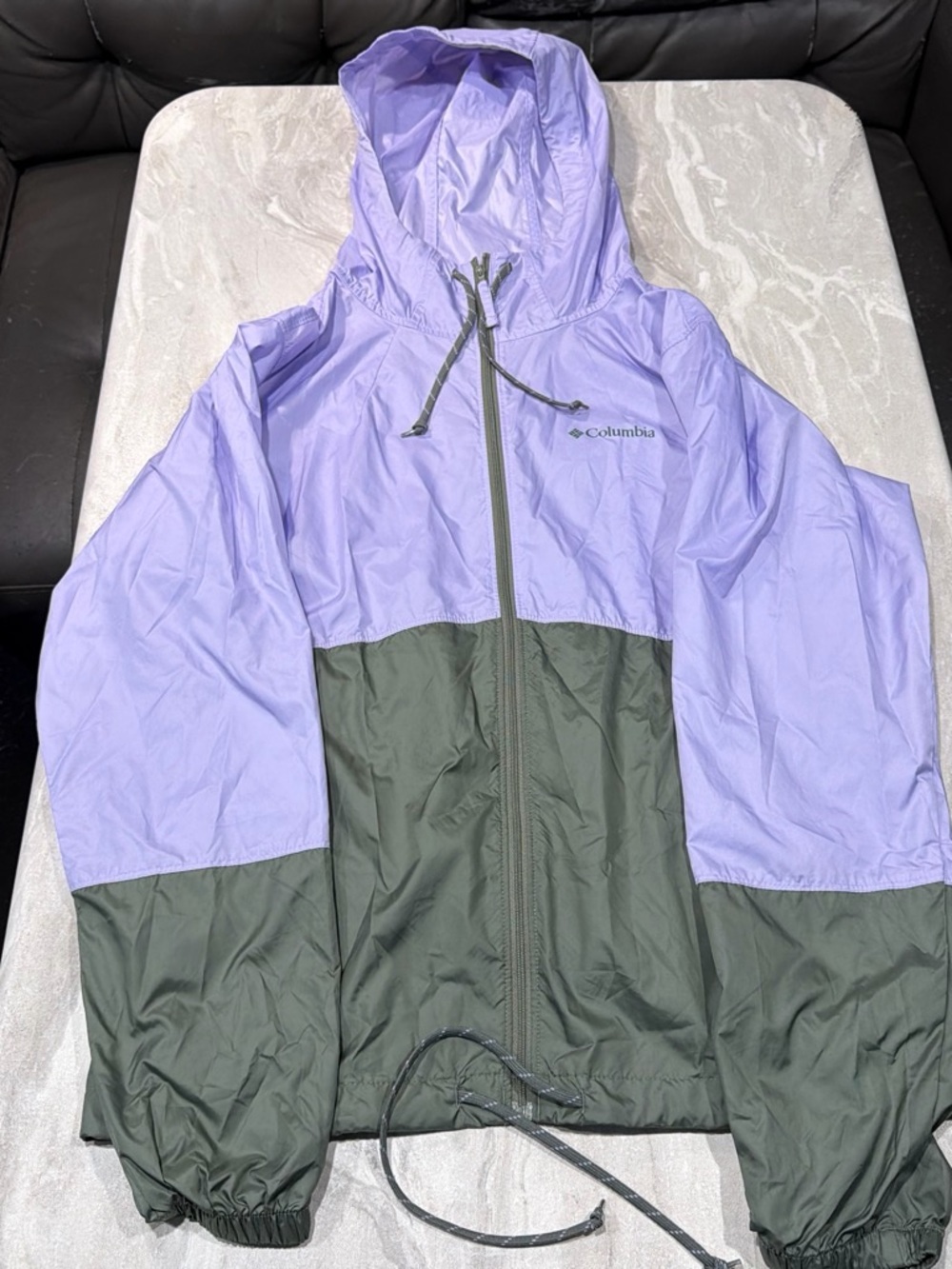 Columbia Lavender and Olive Two-Tone Women’s Hooded Rain Jacket